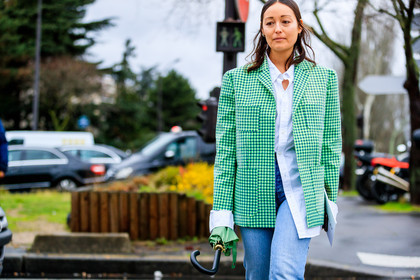 atmosphere details, AUTUMN WINTER 2017-2018, AW 17-18, blazer, blue denim, checked jacket, denim pants, detail, FALL WINTER 2017-2018, fashion week, frenchystyle, FW, FW 17-18, gingham, graphic jacket, green jacket, horizontal, jeans, jonathan paciullo, PARIS, PFW, plaid, printed jacket, rachael wang, street style, tartan, trousers, white shirt