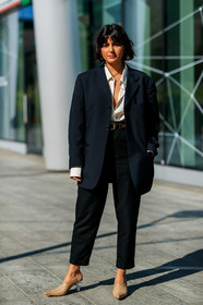 beige shirt, beige shoes, black belt, black jacket, black pants, blazer, leather belt, leather shoes, maria bernad, necklace, trousers, MILAN, MFW, fashion week, frenchystyle, FW, jonathan paciullo, street style, AUTUMN WINTER 2019-2020, AW 19-20, FALL WINTER 2019-2020, FW 19-20, vertical, full length
