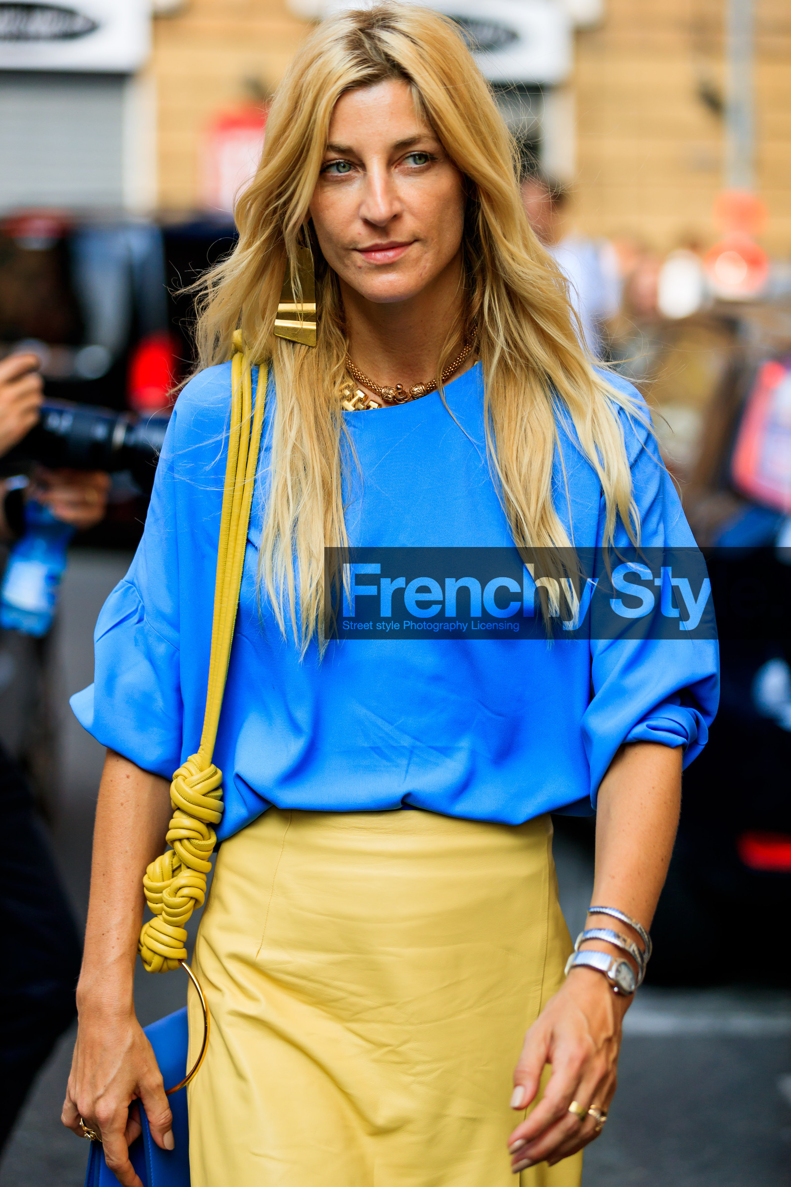 ada kokosar, blue top, bracelet, bulgari, earrings, leather bag, necklace, watch, yellow skirt, fashion week, frenchystyle, FW, jonathan paciullo, street style, MFW, MILAN, SPRING SUMMER 2019, SS 19, vertical, atmosphere details, detail