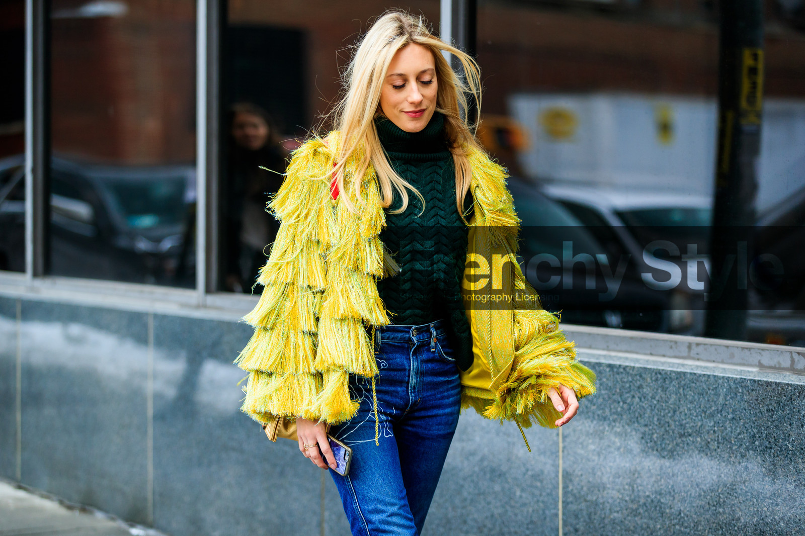 atmosphere details, AUTUMN WINTER 2017-2018, AW 17-18, blue denim, denim pants, detail, FALL WINTER 2017-2018, fashion week, frenchystyle, fringes, fur jacket, FW, FW 17-18, green sweater, horizontal, jeans, jonathan paciullo, NEW YORK, NYFW, street style, trousers, yellow jacket