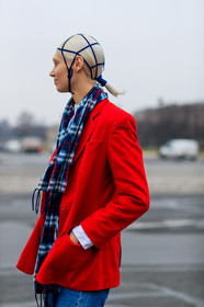 blazer, blue scarf, headband, printed scarf, red jacket, tartan, trousers, fashion week, frenchystyle, FW, jonathan paciullo, street style, PFW, PARIS, SPRING SUMMER 2017, SS 17, HAUTE COUTURE, vertical, detail, model