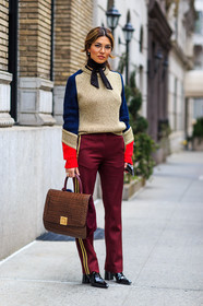 AUTUMN WINTER 2016-2017, AW 16-17, beige, beige knit, black, black scarf, black she, black shoes, bordeaux, brown, brown bag, dots, fashion week, frenchystyle, full length, FW, FW 16-17, graphic sweater, jonathan paciullo, leather bag, leather shoes, navy, negin mirsalehi, NEW YORK, NYFW, polka dot, red, red pants, silk pants, street style, trousers, varnished leather shoes, vertical, woman