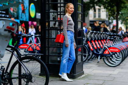 atmosphere details, beige sweater, blue denim, denim pants, fashion week, frenchystyle, full length, FW, horizontal, jeans, jonathan paciullo, lace, leather bag, leather shoes, LFW, LONDON, patchwork, red bag, roberta benteler, SPRING SUMMER 2017, SS 17, street style, trousers, white boots, woman