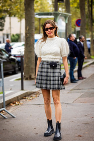 balloon sleeves, black boots, black skirt, black sunglasses, boots, chanel belt, check, knitwear, leather boots, printed skirt, short skirt, skirt, sunglasses, tartan skirt, white knitwear, fashion week, frenchystyle, FW, jonathan paciullo, street style, PFW, PARIS, SPRING SUMMER 2022, SS 22, vertical, full length