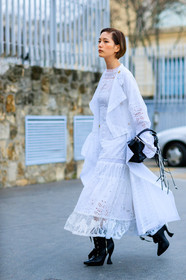 AUTUMN WINTER 2017-2018, AW 17-18, black bag, black shoes, FALL WINTER 2017-2018, fashion week, frenchystyle, full length, FW, FW 17-18, high heels, jonathan paciullo, lace dress, leather bag, leather shoes, PARIS, PFW, street style, vertical, white dress