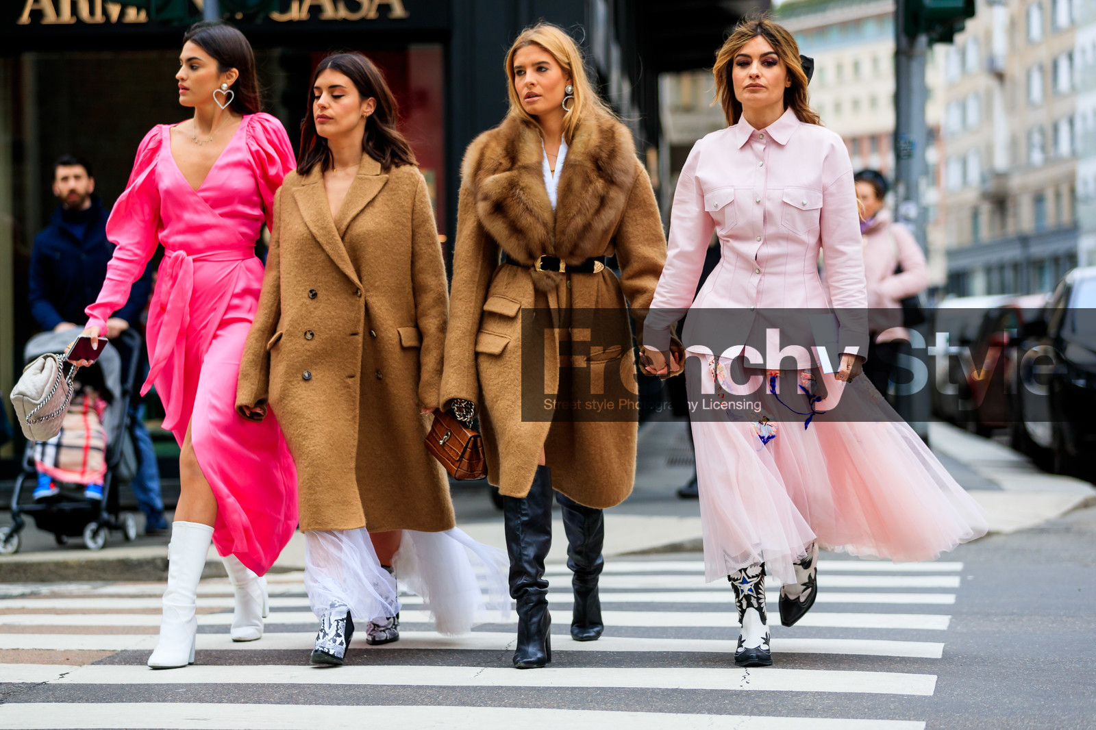beige bag, black and white shoes, black belt, black shoes, brown bag, brown coat, brown fur, chanel handbag, cowboy boots, earrings, embroideries, fur collar, graphic skirt, high boots, leather bag, leather belt, leather shoes, pink dress, pink jacket, pink skirt, printed skirt, tulle, white shoes, MILAN, MFW, fashion week, frenchystyle, FW, jonathan paciullo, street style, AUTUMN WINTER 2019-2020, AW 19-20, FALL WINTER 2019-2020, FW 19-20, atmosphere details, detail, horizontal