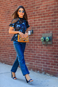 blue pants, blue shirt, camila coelho, fashion week, fishnet, floral, flowers, frenchystyle, full length, FW, graphic bag, high heels, jonathan paciullo, leather bag, leather pants, leather shoes, NEW YORK, NYFW, orange bag, printed bag, printed shirt, SPRING SUMMER 2018, SS 18, street style, sunglasses, trousers, vertical
