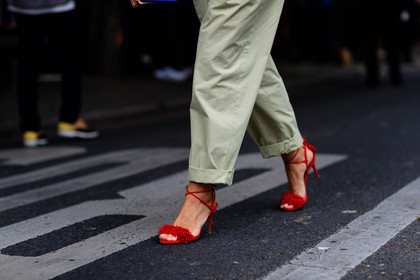 atmosphere details, AUTUMN WINTER 2016-2017, AW 16-17, detail, FALL WINTER 2016-2017, fashion week, frenchystyle, FW, FW 16-17, green pants, HAUTE COUTURE, high heels, horizontal, jonathan paciullo, MENSWEAR, PARIS, PFW, red sandals, red shoes, street style, suede shoes, trousers, vika gazinskaya
