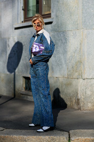 blue denim, denim jacket, denim pants, graphic jacket, graphic pants, jeans, leather bag, leather shoes, maison martin margiela, printed jacket, printed pants, purple bag, shiny bag, sunglasses, trousers, white shirt, white shoes, xenia adonts, MILAN, MFW, fashion week, frenchystyle, FW, jonathan paciullo, street style, AUTUMN WINTER 2019-2020, AW 19-20, FALL WINTER 2019-2020, FW 19-20, vertical, full length
