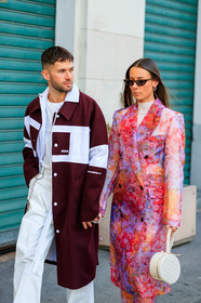 alice & j.s, bordeaux, burgundy, denim pants, floral, flowers, graphic jacket, jeans, leather bag, msgm, pink coat, printed jacket, red coat, sunglasses, trousers, white bag, white denim, white t shirt, MILAN, MFW, fashion week, frenchystyle, FW, jonathan paciullo, street style, AUTUMN WINTER 2019-2020, AW 19-20, FALL WINTER 2019-2020, FW 19-20, vertical, atmosphere details, detail