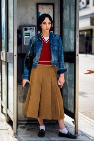 denim, jacket, sleeveless vest, red, knitted shirt, knit, midi skirt, derbies, black, camel, handbag, fashion week, frenchystyle, FW, jonathan paciullo, street style, SPRING SUMMER 2022, SS 22, LFW, LONDON, vertical, full length, model