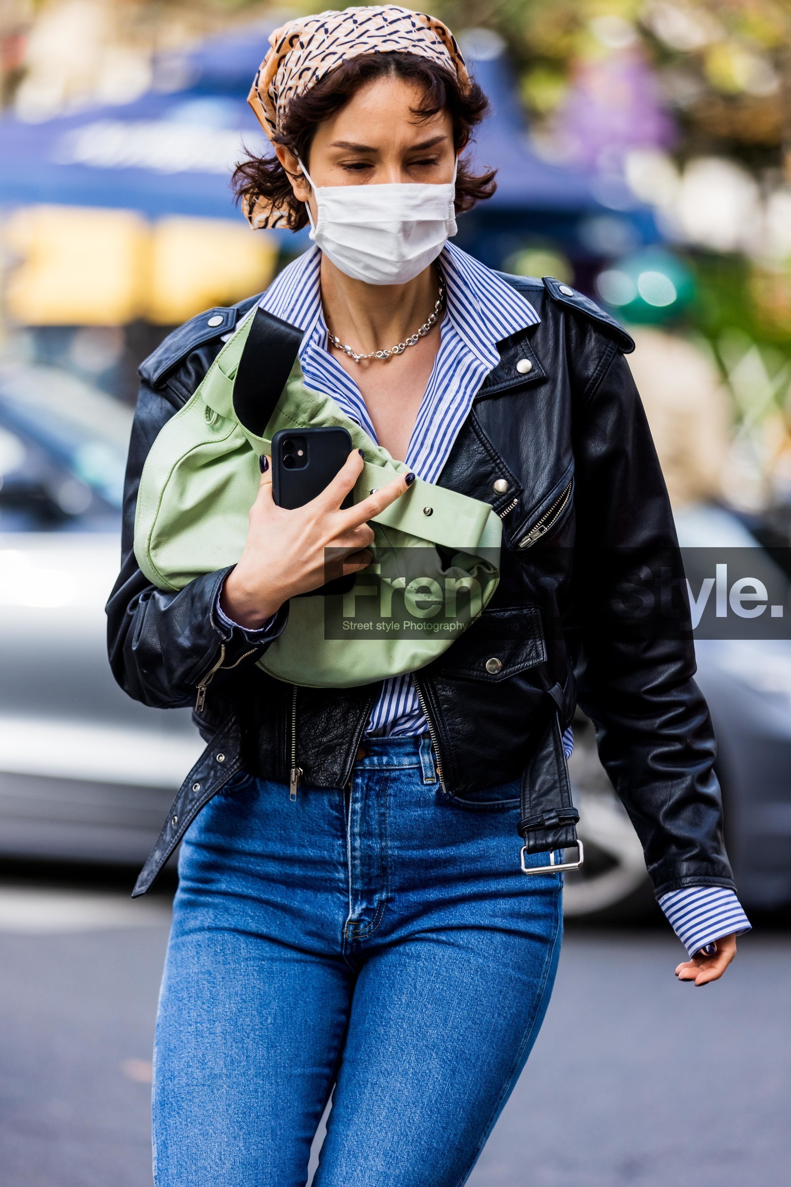 bag, black perfecto, blue denim, blue jean, blue shirt, denim, facial mask, green bag, hairstyle, jean, leather perfecto, necklace, perfecto, pistachio bag, printed scarf, scarf, shirt, silver necklace, striped shirt, stripes, street style, jonathan paciullo, FW, frenchystyle, fashion week, PFW, PARIS, SPRING SUMMER 2022, SS 22, vertical, atmosphere details