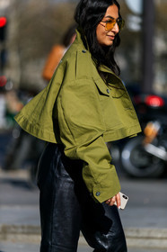 black pants, green jacket, leather pants, nausheen shah, sunglasses, trousers, PARIS, PFW, street style, jonathan paciullo, FW, frenchystyle, fashion week, AUTUMN WINTER 2019-2020, AW 19-20, FALL WINTER 2019-2020, FW 19-20, vertical, atmosphere details, detail
