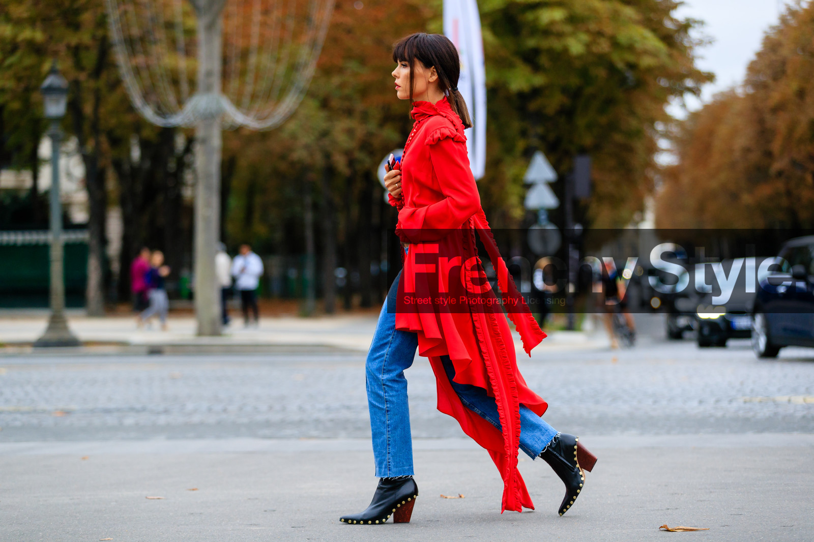 atmosphere details, black boots, blue denim, denim pants, Evangelie Smyrniotaki, fashion week, frenchystyle, full length, FW, high heels, horizontal, jeans, jonathan paciullo, leather shoes, PARIS, PFW, red dress, red jacket, red shirt, ruffle, SPRING SUMMER 2017, SS 17, street style, trousers
