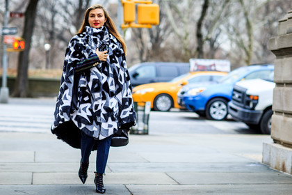 atmosphere details, AUTUMN WINTER 2016-2017, AW 16-17, black fur, black shoes, cape, fashion week, frenchystyle, full length, fur coat, FW, FW 16-17, geometric, graphic coat, grey coat, grey fur, high heels, horizontal, jonathan paciullo, leather shoes, nasiba adilova, NEW YORK, NYFW, poncho, printed cape, street style, woman