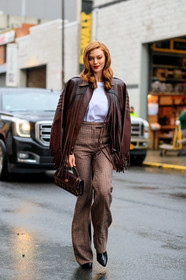 larsen thompson, brown leather bombers, brown leather coat, brown leather jacket, fringe coat, fringe jacket, white t-shirt, checked pants, beige pants, brown leather bag, hand bag, flare pants, high waist pants, monogrammed bag, fashion week, frenchystyle, FW, jonathan paciullo, street style, NYFW, NEW YORK, AUTUMN WINTER 2020-2021, FALL WINTER 2020-2021, FW 20-21, vertical, full length