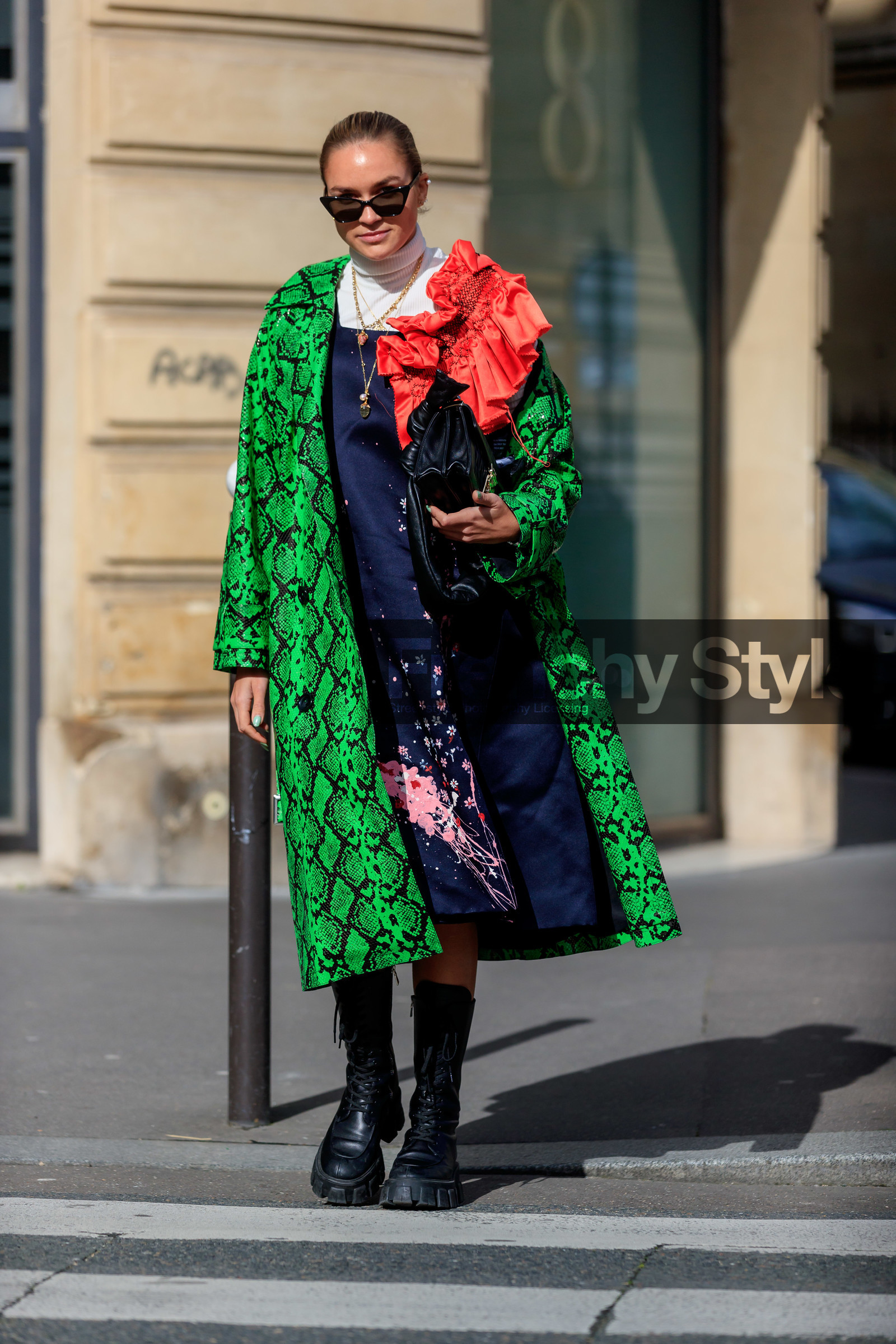 anna karenina, nina suess, green leather coat, green leather jacket, animal skin coat, animal skin jacket, navy blue dress, red dress, ruffle dress, white pullover, turtleneck pullover, mid long dress, floral printed dress, pink dress, prada boots, high boots, flat boots, laced boots, big sole boots, black sunglasses, butterfly sunglasses, black leather bag, black leather boots, pleated bag, miu miu bag, miu miu coat, miu miu dress, golden necklace, long necklace, charms necklace, fashion week, frenchystyle, FW, jonathan paciullo, street style, PFW, PARIS, vertical, full length