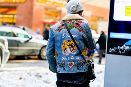 atmosphere details, AUTUMN WINTER 2017-2018, AW 17-18, black bag, blue denim, denim jacket, detail, embroidered jacket, FALL WINTER 2017-2018, fashion week, floral, flower, frenchystyle, FW, FW 17-18, grey beanie, headphones, horizontal, jonathan paciullo, leather bag, model, NEW YORK, NYFW, street style, trousers