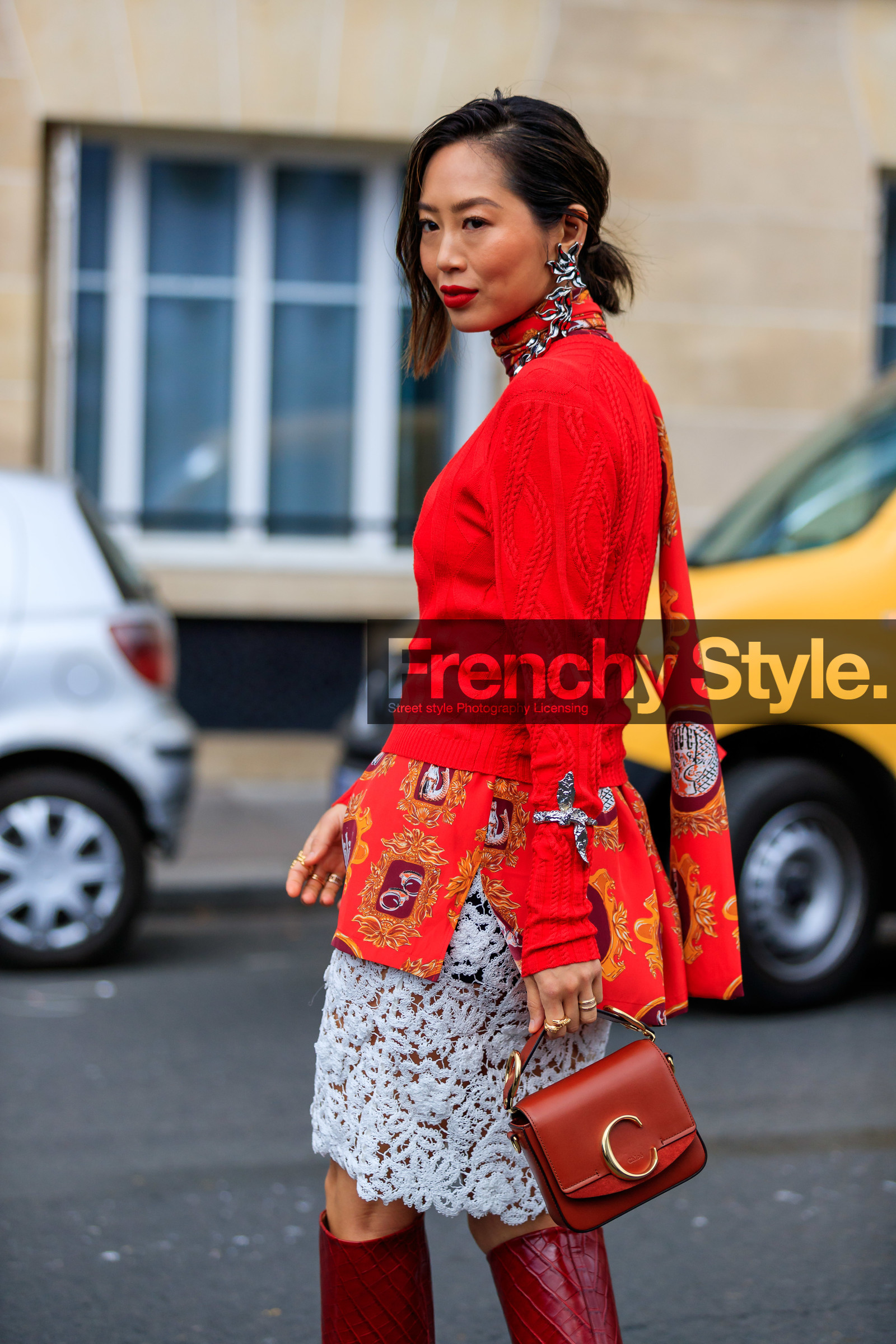 aimee song, bracelet, chloé, graphic jacket, graphic skirt, high boots, high heels, lace skirt, leather bag, leather shoes, printed jacket, printed skirt, red bag, red boots, red shirt, red sweater, white skirt, PARIS, PFW, street style, jonathan paciullo, FW, frenchystyle, fashion week, AUTUMN WINTER 2019-2020, AW 19-20, FALL WINTER 2019-2020, FW 19-20, vertical, atmosphere details, detail