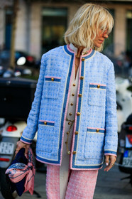 blazer, blue bag, blue jacket, checked, graphic bag, graphic dress, graphic jacket, leather bag, pink dress, pink scarf, plaid, printed bag, printed dress, printed jacket, tweed jacket, viktoria rader, fashion week, frenchystyle, FW, jonathan paciullo, street style, MFW, MILAN, AUTUMN WINTER 2019-2020, AW 19-20, FALL WINTER 2019-2020, FW 19-20, vertical, atmosphere details, detail