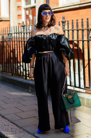 blue sunglasses, loewe sunglasses, silver necklace, half soulder top, satin top, black top, mercedes necklace, evening top, jogging pants, black pants, strassed bracelet, gucci bag, green leather bag, blue boots, satin boots, fashion week, frenchystyle, FW, jonathan paciullo, street style, vertical, full length