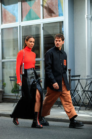 alice barbier, alice & j.s, JS roques, red pullover, turtleneck pullover, long skirt, button skirt, split skirt, polish skirt, black leather boots, black leather skirt, striped boots, red leather boots, nodaleto boots, low boots, silvered bag, metalic bag, shoulder bag, paco rabanne bag, paco rabanne skirt, PARIS, PFW, fashion week, frenchystyle, FW, jonathan paciullo, street style, SPRING SUMMER 2021, SS 21, vertical, full length