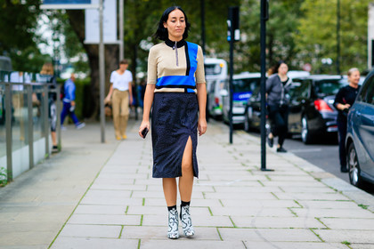 atmosphere details, beige sweater, black skirt, fashion week, frenchystyle, full length, FW, graphic sweater, high heels, horizontal, jonathan paciullo, leather shoes, LFW, LONDON, patchwork, printed shoes, printed skirt, printed sweater, SPRING SUMMER 2017, SS 17, street style, striped skirt, white boots, woman, zip