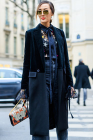 black coat, black denim, black shirt, black shoes, denim pants, embroidered shirt, high heels, jeans, jimmy choo, leather bag, leather shoes, multicolor bag, printed bag, see through, sequined shirt, stars, striped bag, sunglasses, trousers, velvet, fashion week, frenchystyle, FW, jonathan paciullo, street style, PFW, PARIS, SPRING SUMMER 2017, SS 17, HAUTE COUTURE, vertical, detail, Chriselle Lim