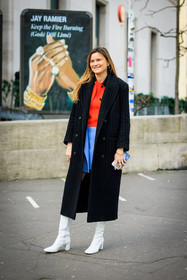 black coat, orange shirt, iphone, pastel blue skirt, mini skirt, white boots, bracelets, earrings, eugenie trochu, fashion week, frenchystyle, FW, jonathan paciullo, street style, AUTUMN WINTER 2022-2023, FALL WINTER 2022_2023, FW 22-23, PFW, PARIS, vertical, full length