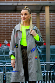 brown pants, earrings, fendi, graphic jacket, graphic pants, green sweater, grey coat, monogram, neon, ponytail, printed jacket, printed pants, trousers, MILAN, MFW, fashion week, frenchystyle, FW, jonathan paciullo, street style, AUTUMN WINTER 2019-2020, AW 19-20, FALL WINTER 2019-2020, FW 19-20, vertical, atmosphere details, detail