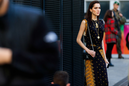 black bag, black dress, eyeliner, eyeshadow, graphic dress, leather bag, louis vuitton, model, necklace, printed dress, teddy quinlivan, PARIS, PFW, street style, jonathan paciullo, FW, frenchystyle, fashion week, AUTUMN WINTER 2019-2020, AW 19-20, FALL WINTER 2019-2020, FW 19-20, horizontal, atmosphere details, detail