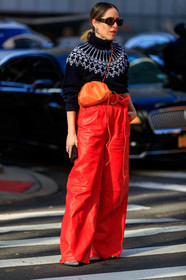 navy blue pullover, jacquard pullover, turtleneck pullover, red leather pants, belted pants, loose pants, orange leather bag, crossbody bag, bottega veneta bag, versace sunglasses, square shape glasses, scale sunglasses, fashion week, frenchystyle, FW, jonathan paciullo, street style, FALL WINTER 2020-2021, AUTUMN WINTER 2020-2021, FW 20-21, vertical, full length, NYFW, NEW YORK