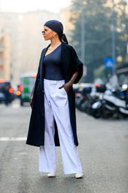 asymetric, black coat, black scarf, black top, caro daur, earrings, headscarf, leather shoes, one shoulder, sunglasses, trousers, white pants, white shoes, street style, jonathan paciullo, FW, frenchystyle, fashion week, MFW, MILAN, AUTUMN WINTER 2019-2020, AW 19-20, FALL WINTER 2019-2020, FW 19-20, vertical, full length