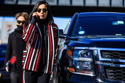 atmosphere details, AUTUMN WINTER 2016-2017, AW 16-17, blazer, detail, embroidered jacket, fashion week, frenchystyle, FW, FW 16-17, horizontal, jonathan paciullo, NEW YORK, NYFW, ray ban, red jacket, street style, striped jacket, sunglasses, woman
