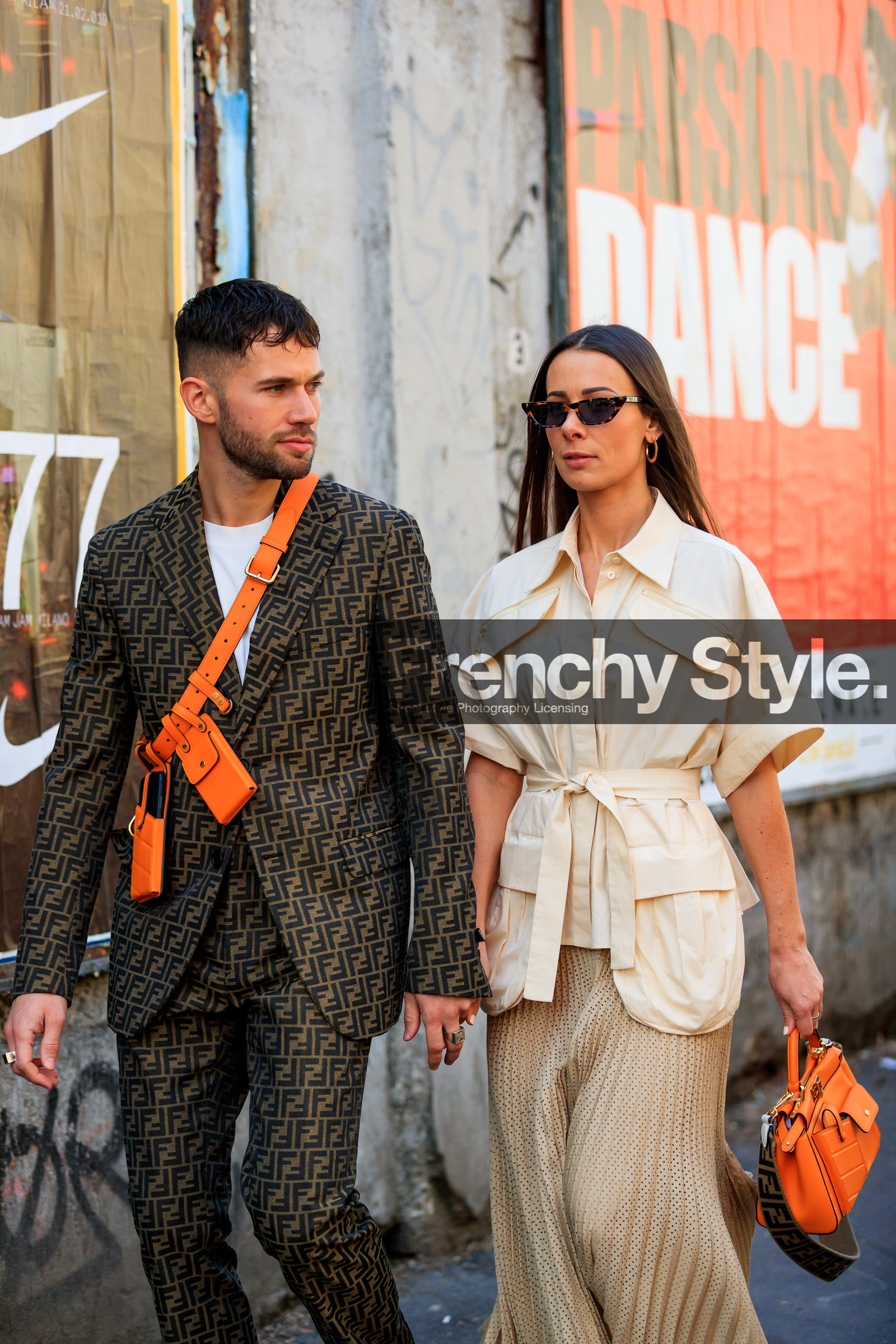 alice & j.s, beige shirt, beige skirt, blazer, brown jacket, brown pants, brown suit, fanny pack, fendi, graphic jacket, graphic pants, graphic suit, leather bag, monogram, orange bag, pleated skirt, printed jacket, printed pants, printed suit, sunglasses, trousers, white t shirt, MILAN, MFW, fashion week, frenchystyle, FW, jonathan paciullo, street style, AUTUMN WINTER 2019-2020, AW 19-20, FALL WINTER 2019-2020, FW 19-20, vertical, atmosphere details, detail