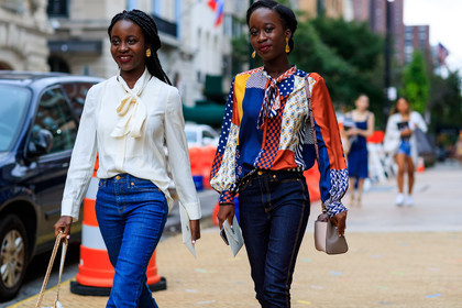 blue denim, bow collar, checked, denim pants, graphic shirt, jeans, leather bag, multicolor shirt, plaid, printed shirt, trousers, white blouse, fashion week, frenchystyle, FW, jonathan paciullo, street style, NYFW, NEW YORK, SPRING SUMMER 2019, SS 19, atmosphere details, horizontal, detail