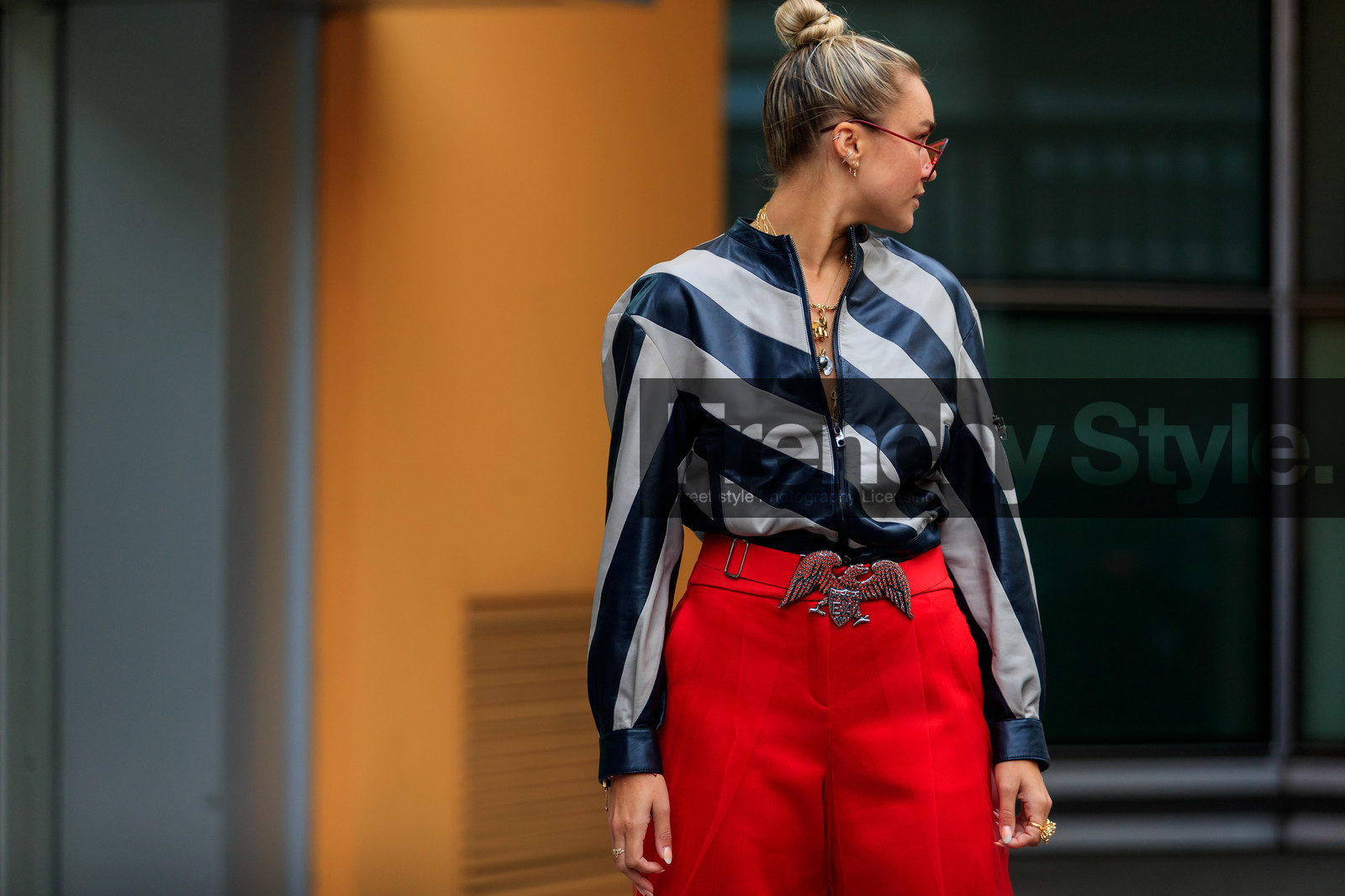 nina suess, armani total look, armani jacket, armani pants, armani sunglasses, red sunglasses, futurist shape sunglasses, striped jacket, black leather jacket, white leather jacket, zipped jacket, strassed belt, armani belt, fashion week, frenchystyle, FW, jonathan paciullo, street style, MFW, MILAN, SPRING SUMMER 2020, SS 20