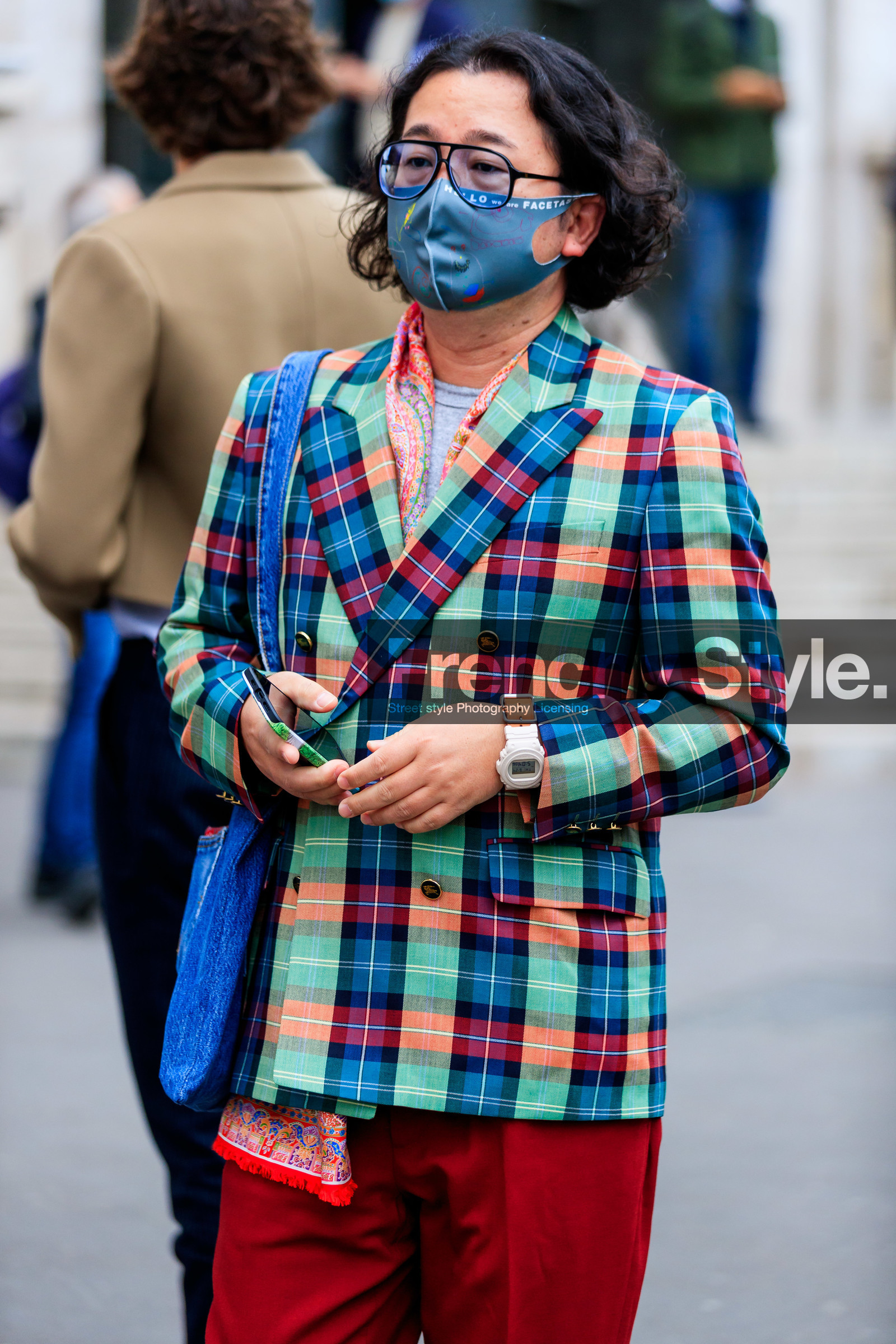 mask detail, multicolor jacket, checked jacket, blue jacket, green jacket, red jacket, aviator glasses, white watch, casio watch, fashion week, frenchystyle, FW, jonathan paciullo, street style, PFW, PARIS, SPRING SUMMER 2022, SS 22, vertical, atmosphere details, detail