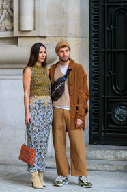 alice & j.s, beige hat, beige shoes, beige sweater, blue skirt, brown jacket, camel pants, corduroy, fanny pack, fendi, graphic skirt, green sneakers, high heels, leather bag, leather shoes, metallic dress, monogram, paco rabanne, printed skirt, red bag, see through, trousers, yellow sweater, PARIS, PFW, street style, jonathan paciullo, FW, frenchystyle, fashion week, AUTUMN WINTER 2019-2020, AW 19-20, FALL WINTER 2019-2020, FW 19-20, vertical, full length