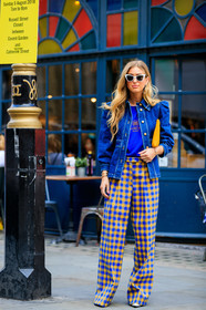 balenciaga, blue denim, blue t shirt, checked, denim jacket, emili sindlev, graphic pants, leather bag, plaid, printed pants, sunglasses, trousers, wide pant, yellow bag, yellow pants, fashion week, frenchystyle, FW, jonathan paciullo, street style, LFW, LONDON, SPRING SUMMER 2019, SS 19, vertical, full length