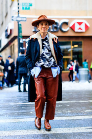 AUTUMN WINTER 2017-2018, AW 17-18, black coat, blue shirt, brown boots, brown hat, brown pants, camo sweater, camouflage, FALL WINTER 2017-2018, fashion week, frenchystyle, full length, fur collar, FW, FW 17-18, grey sweater, jonathan paciullo, julie ragolia, leather pants, NEW YORK, NYFW, prada, printed sweater, street style, trousers, vertical, white fur, worth and worth