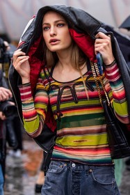 color, Feline Nova, green top, grey denim, jacket, leather jacket, multicolor, print, red top, striped top, stripes, fashion week, frenchystyle, FW, jonathan paciullo, street style, PFW, PARIS, SPRING SUMMER 2022, SS 22, vertical, atmosphere details, model