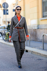 black shoes, blazer, brown belt, caroline issa, checked, graphic jacket, graphic pants, grey jacket, grey pants, grey suit, leather belt, leather shoes, plaid, printed jacket, printed pants, red top, sunglasses, trousers, MILAN, MFW, fashion week, frenchystyle, FW, jonathan paciullo, street style, AUTUMN WINTER 2019-2020, AW 19-20, FALL WINTER 2019-2020, FW 19-20, vertical, full length