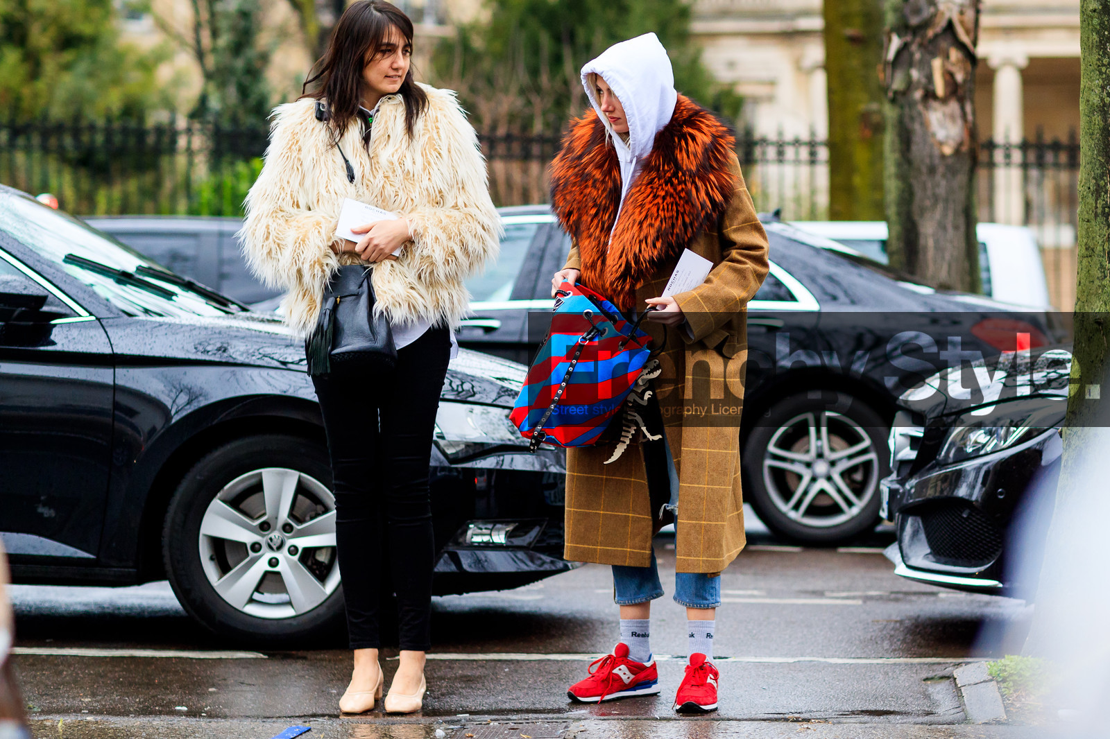 atmosphere details, AUTUMN WINTER 2017-2018, AW 17-18, beige jacket, black bag, black pants, blue bag, blue denim, brown coat, brown fur, checked coat, denim pants, FALL WINTER 2017-2018, fashion week, frenchystyle, full length, fur collar, fur jacket, FW, FW 17-18, geometric, graphic bag, graphic coat, grey sweater, hoodie, horizontal, jeans, jonathan paciullo, leather bag, leather shoes, miu miu, nude shoes, PARIS, PFW, plaid, prada, printed coat, red bag, red sneakers, reebok, street style, striped bag, trousers