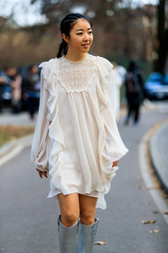 braids, high boots, lace dress, leather shoes, ruffles, shiny boots, silver shoes, white dress, yuwei zhangzou, MILAN, MFW, fashion week, frenchystyle, FW, jonathan paciullo, street style, AUTUMN WINTER 2019-2020, AW 19-20, FALL WINTER 2019-2020, FW 19-20, vertical, atmosphere details, detail