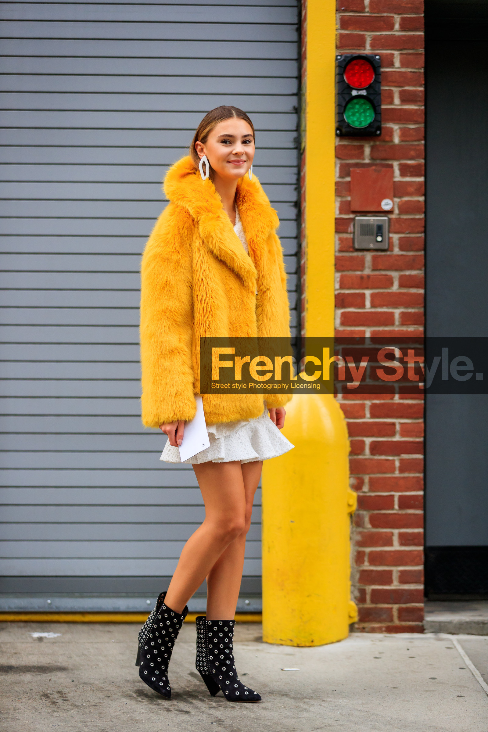 black shoes, earrings, fur jacket, high heels, leather shoes, ruffles, studs, white dress, yellow fur, yellow jacket, street style, jonathan paciullo, FW, frenchystyle, fashion week, NYFW, NEW YORK, AUTUMN WINTER 2018-2019, AW 18-19, FALL WINTER 2018-2019, FW 18-19, vertical, full length