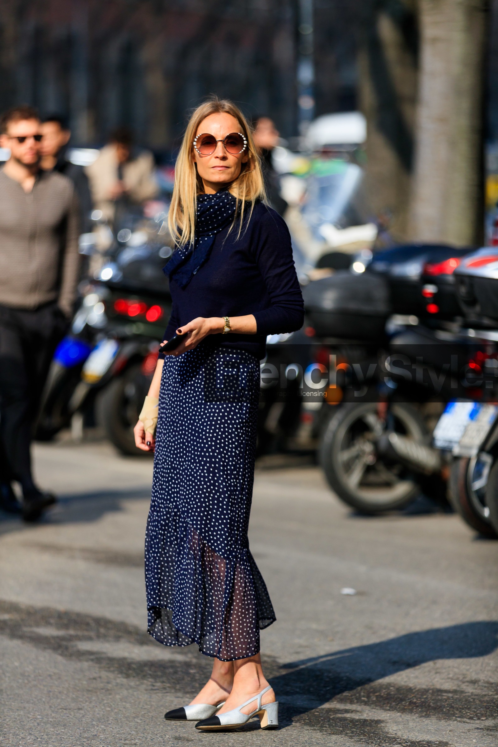 blue scarf, blue skirt, chanel, graphic skirt, leather shoes, navy sweater, polka dot, printed scarf, printed skirt, silver shoes, sunglasses, MILAN, MFW, fashion week, frenchystyle, FW, jonathan paciullo, street style, AUTUMN WINTER 2019-2020, AW 19-20, FALL WINTER 2019-2020, FW 19-20, vertical, full length