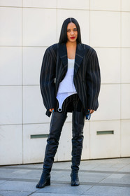 aleali may, alealy, black jacket, black pants, black shoes, corset, graphic jacket, high boots, leather shoes, printed jacket, red lips, stripes, trousers, white top, PARIS, PFW, street style, jonathan paciullo, FW, frenchystyle, fashion week, AUTUMN WINTER 2019-2020, AW 19-20, FALL WINTER 2019-2020, FW 19-20, vertical, full length
