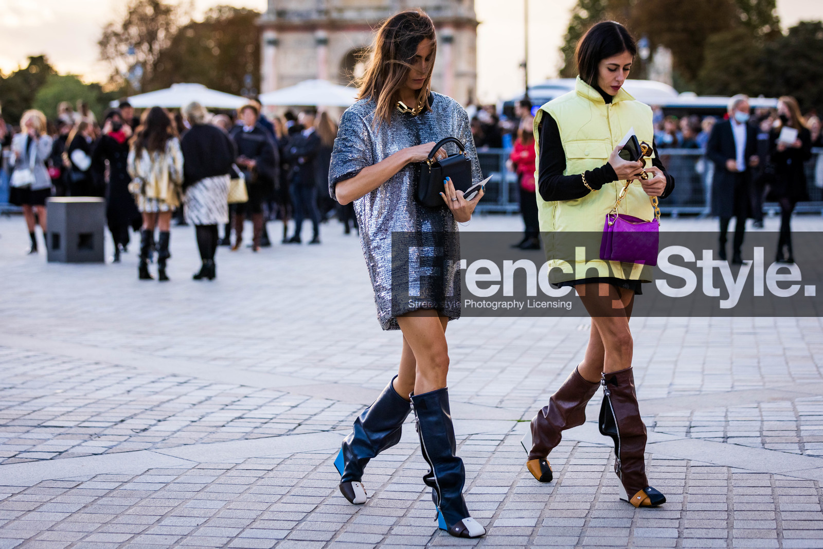 bag, black bag, black boots, black dress, boots, brown boots, dress, duo, Gilda Ambrosio, Giorgia Tordini, gold chain, gold necklace, high boots, jacket, louis vuitton look, necklace, purple bag, sequins, silver dress, sleeveless jacket, yellow jacket, fashion week, frenchystyle, FW, jonathan paciullo, street style, PFW, PARIS, SPRING SUMMER 2022, SS 22, horizontal, atmosphere details, full length