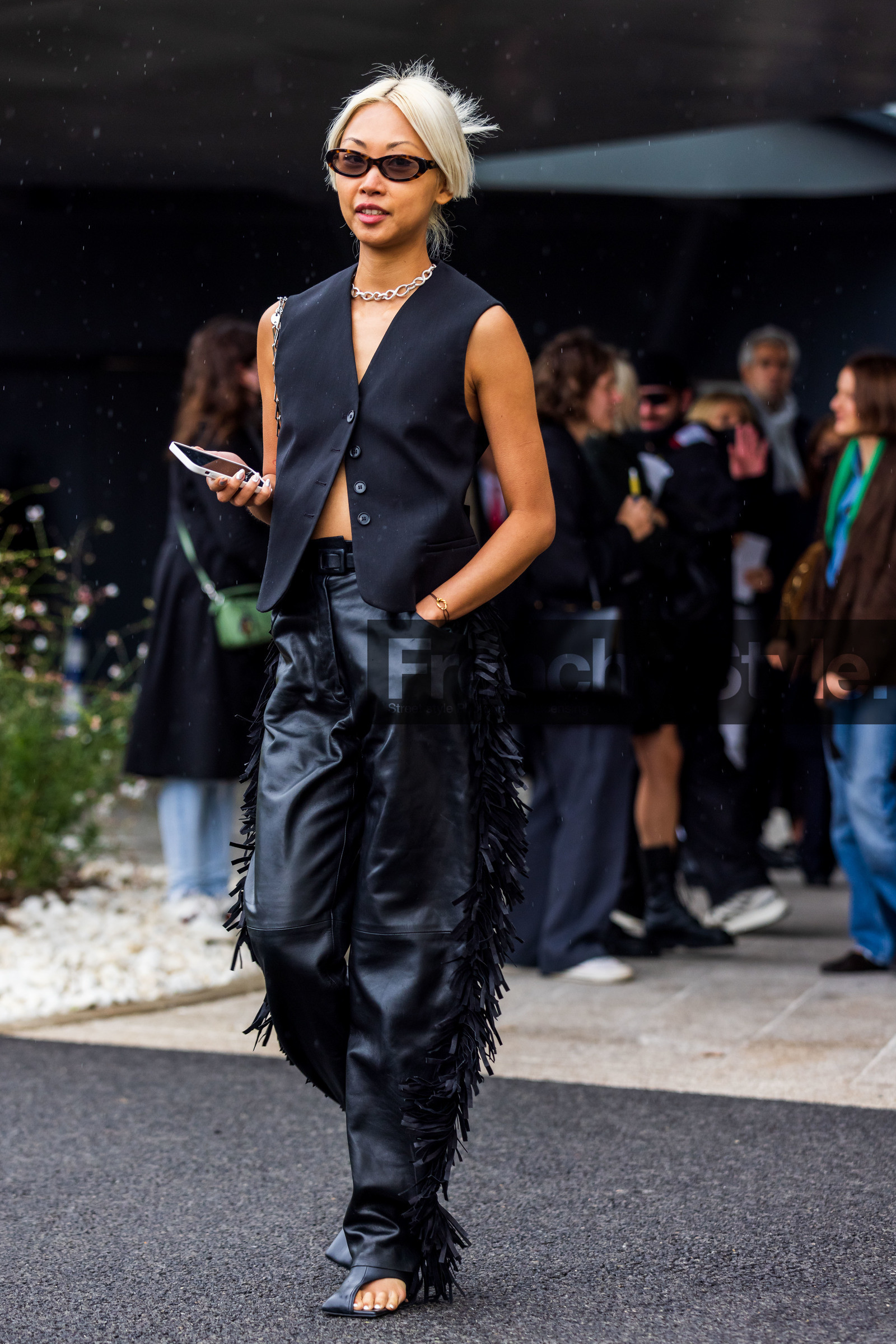 black jacket, black pants, fringes, hermes look, jacket, leather pants, necklace, pants, silver necklace, sleveless jacket, sunglasses, Vanessa Hong, waistcoat, fashion week, frenchystyle, FW, jonathan paciullo, street style, PFW, PARIS, SPRING SUMMER 2022, SS 22, vertical, full length